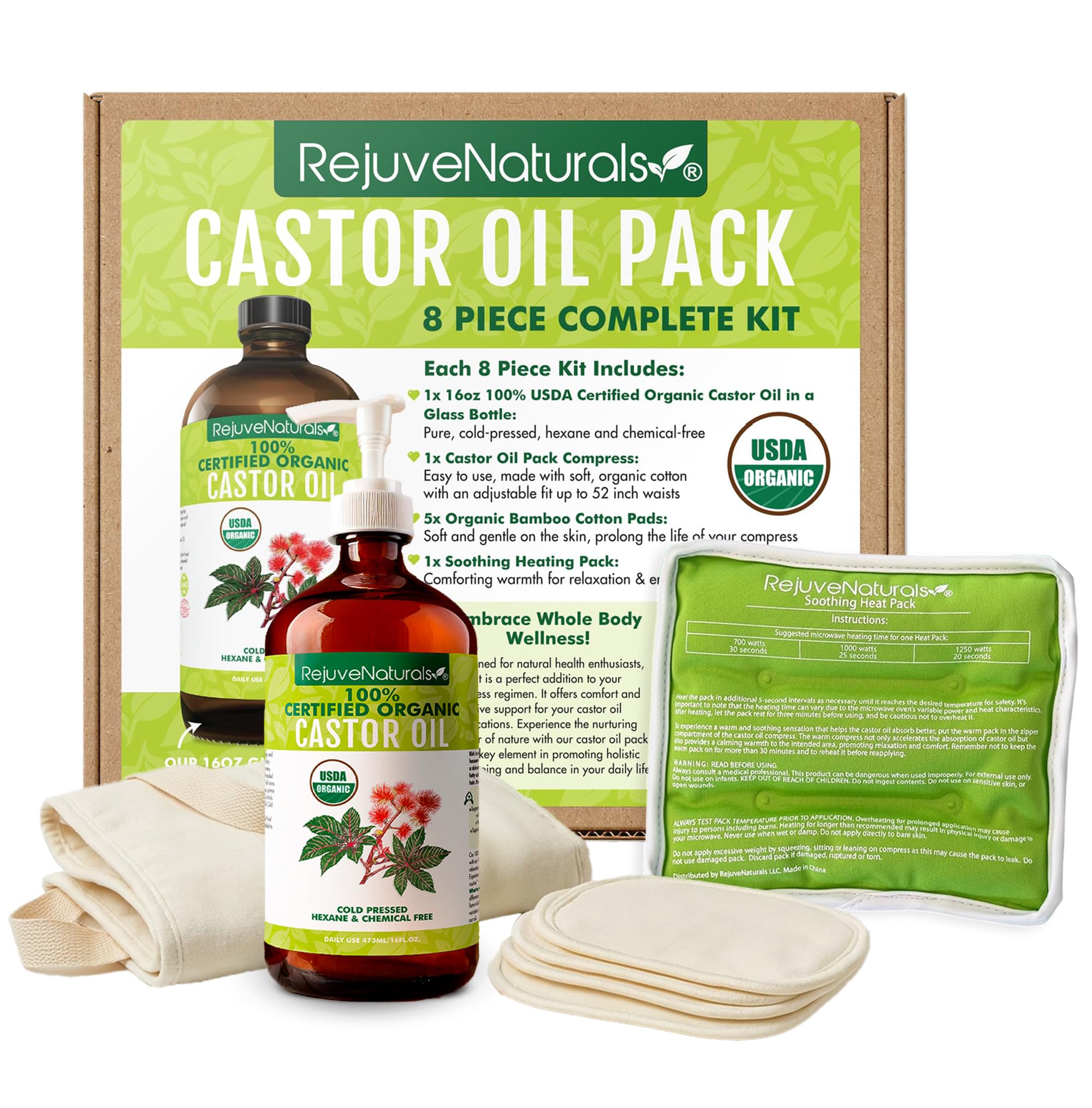 RejuveNaturals Castor Oil Pack bottle and oil for skin care and massage