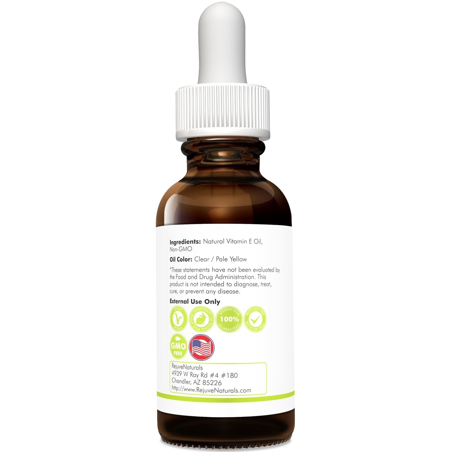 RejuveNaturals Vitamin E Oil packaging made in USA with vegan, non-GMO formula