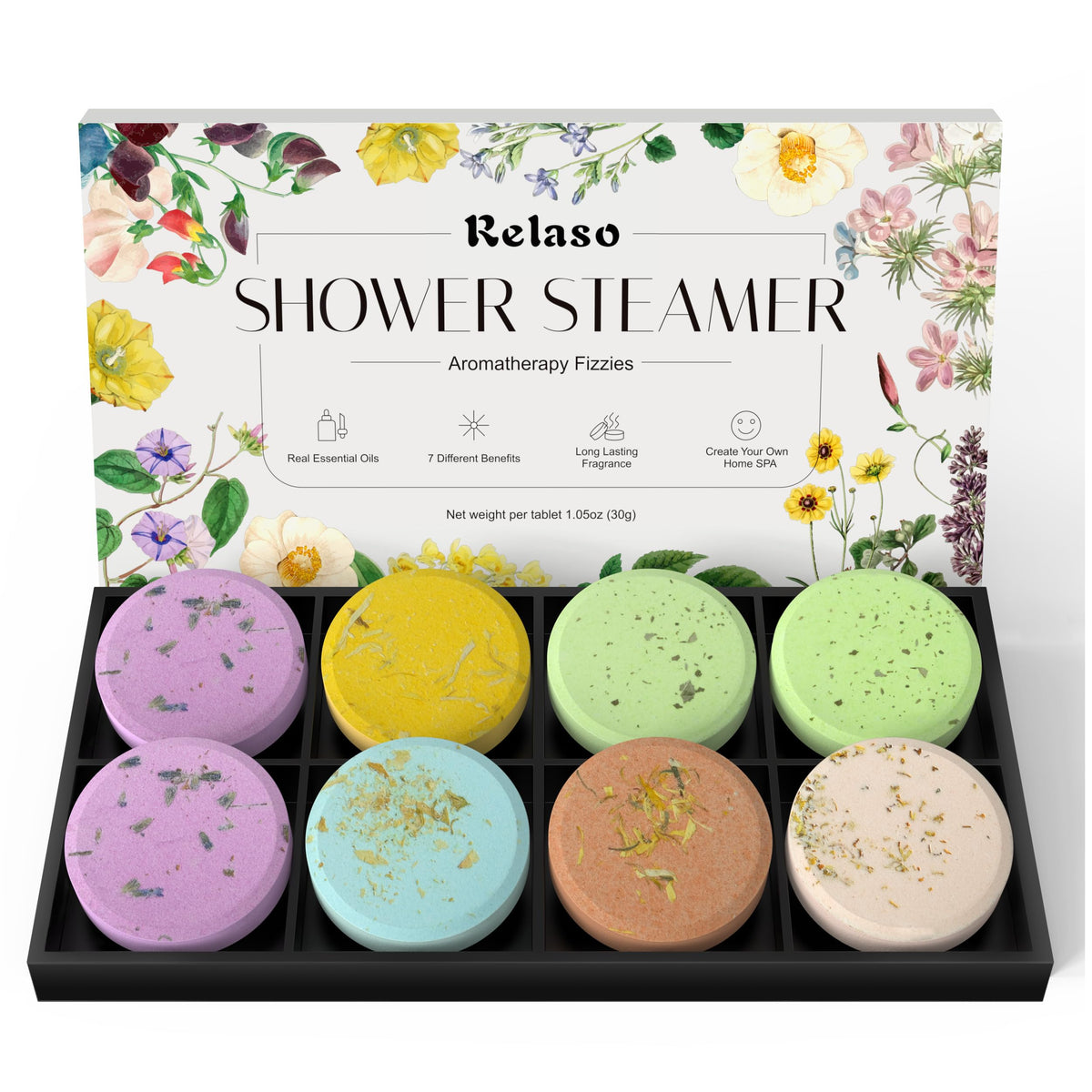 Relaso bombas de ducha aromaterapia en caja regalo, ideal para regalo y relajación diaria.