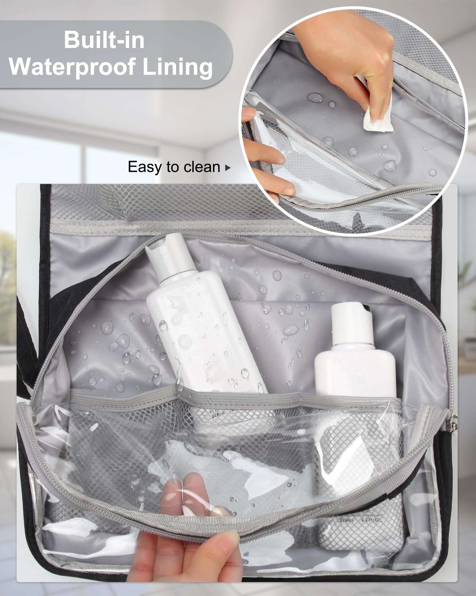 Relavel bathroom/shower setup with toiletries neatly stored