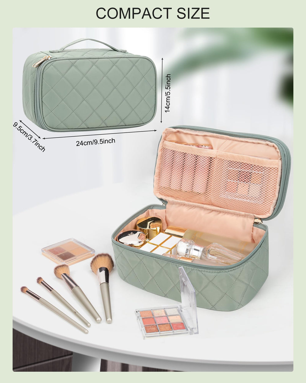 Relavel double-layer cosmetic bag in green with organized storage.
