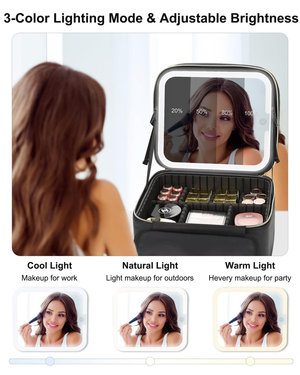 Relavel makeup bag with adjustable dividers for customizable storage.