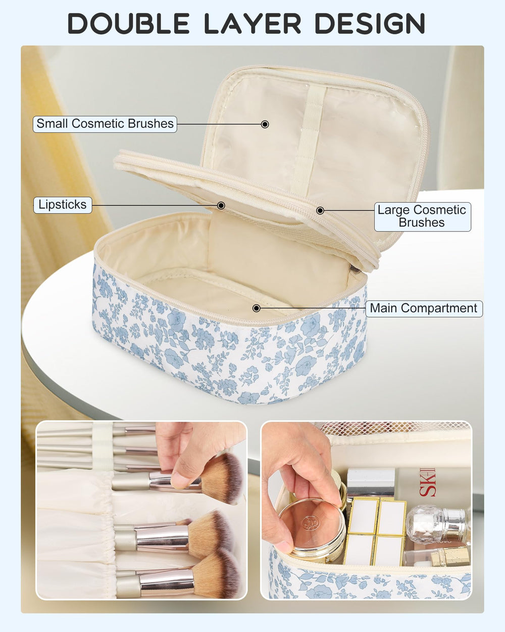 Relavel makeup bag with brush holders protecting brushes during travel