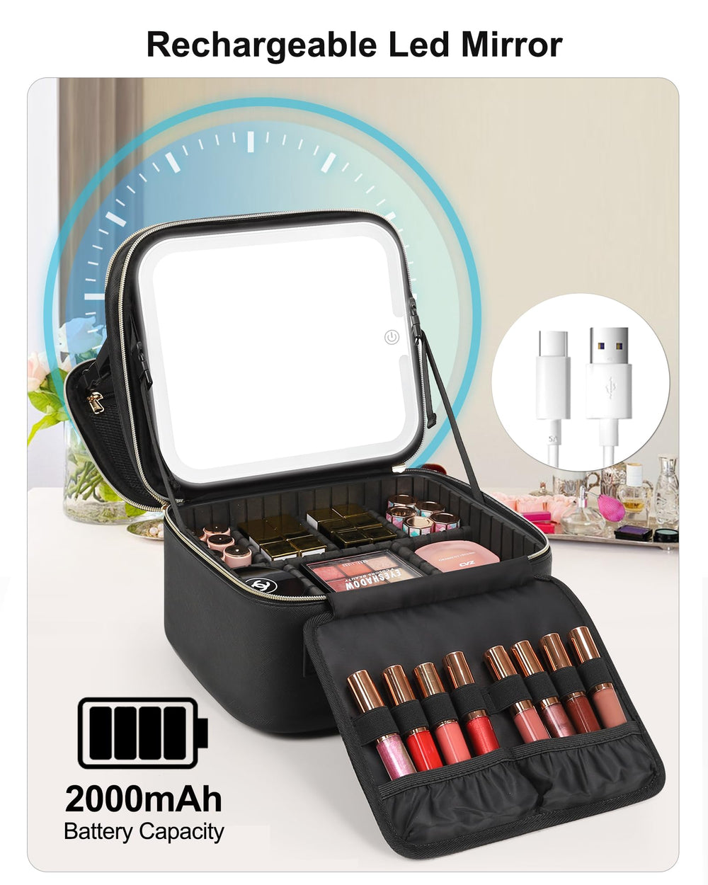 Relavel makeup bag brush section with clear cover keeps brushes tidy.