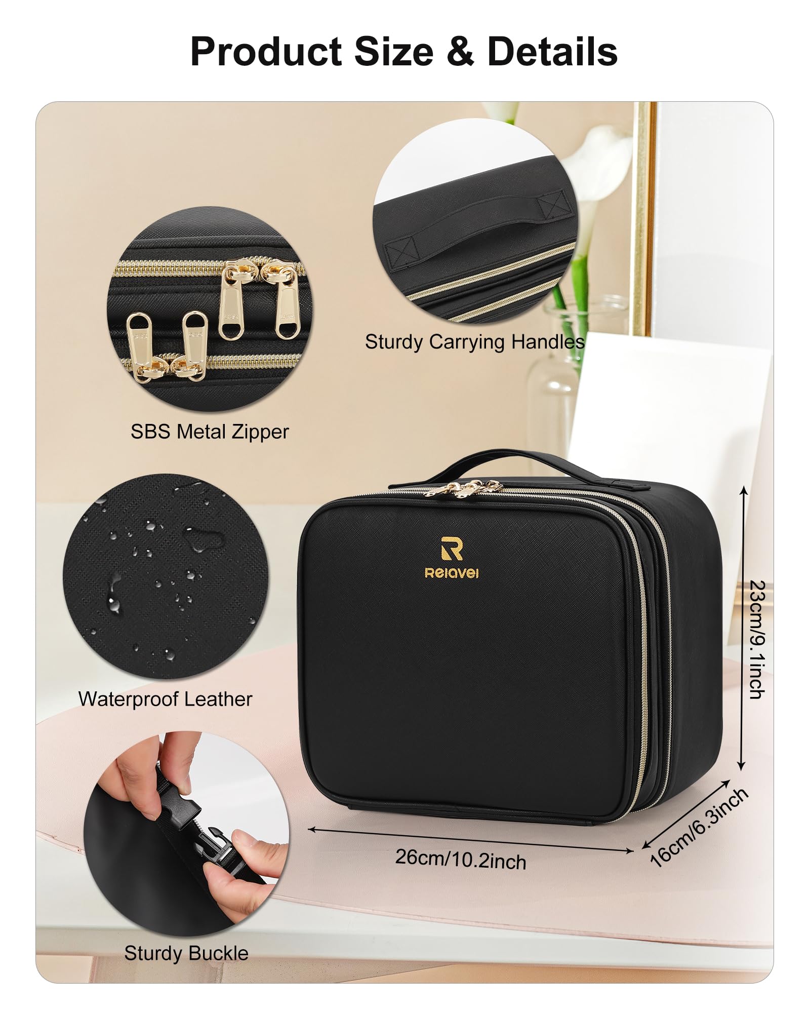 Relavel makeup bag with LED mirror, open to show organized interior and lighting.