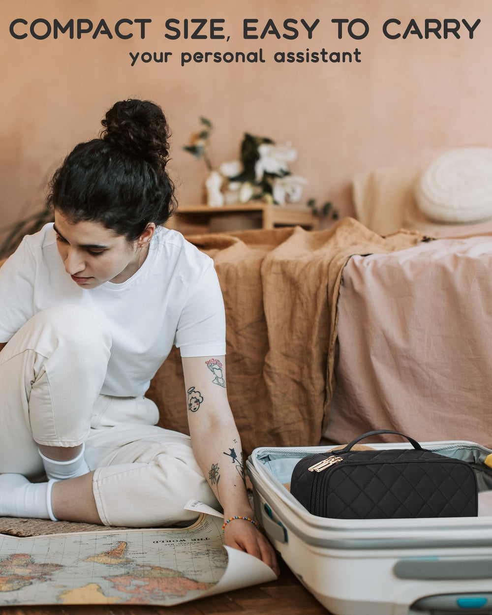 Relavel makeup bag ready for travel with lightweight, portable design.