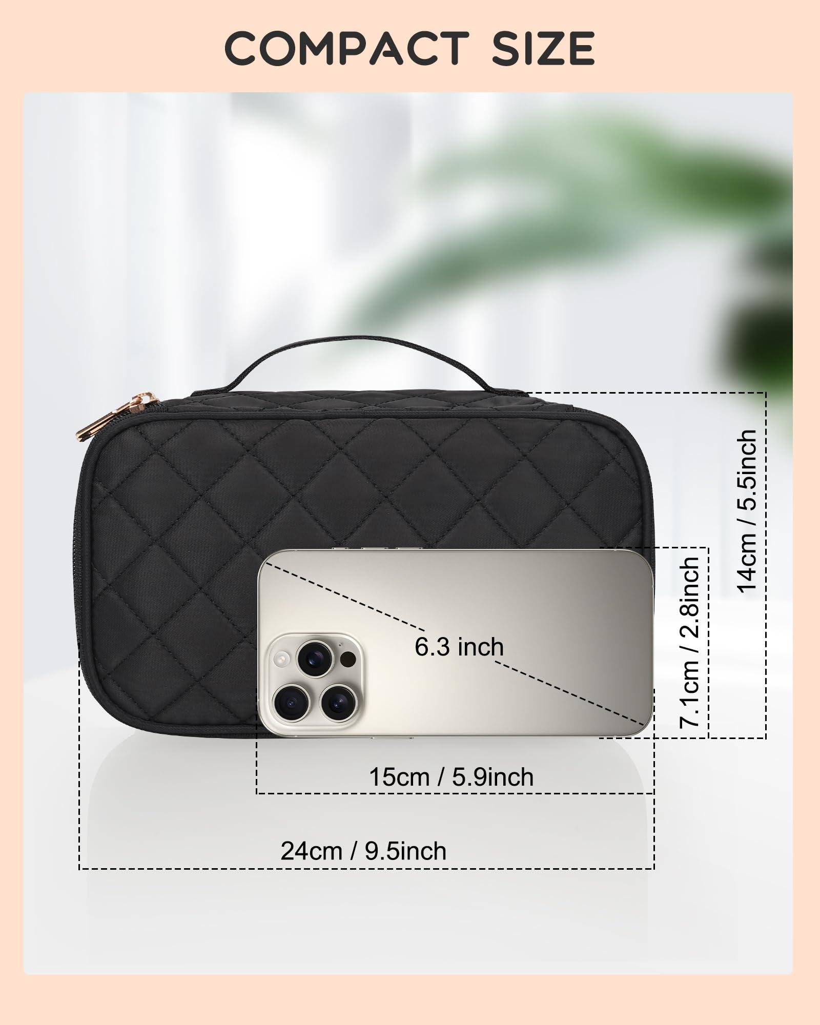 Relavel two-layer makeup bag opened to reveal organized compartments.