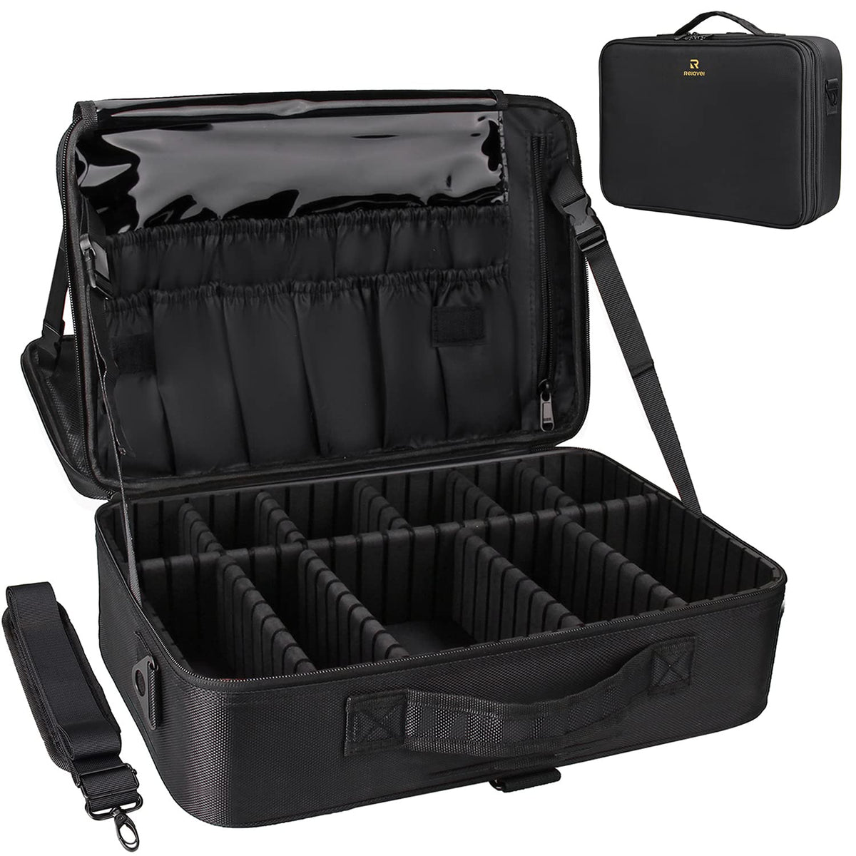 Relavel makeup case exterior view showing sturdy carry design for professionals.