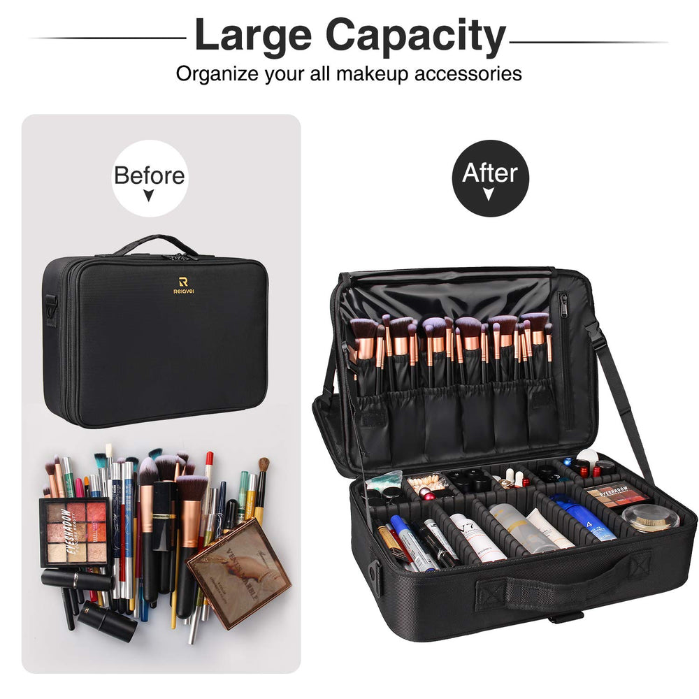 Relavel makeup case interior with adjustable dividers for customized storage.