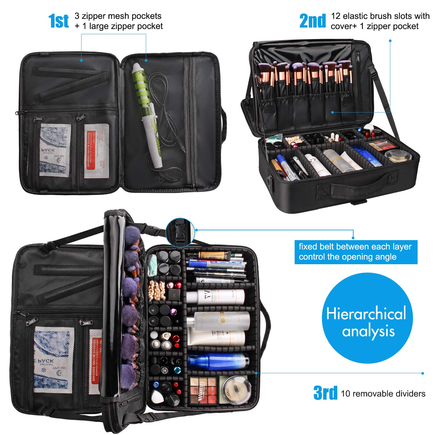 Relavel makeup case mesh pockets organize tools and makeup items.