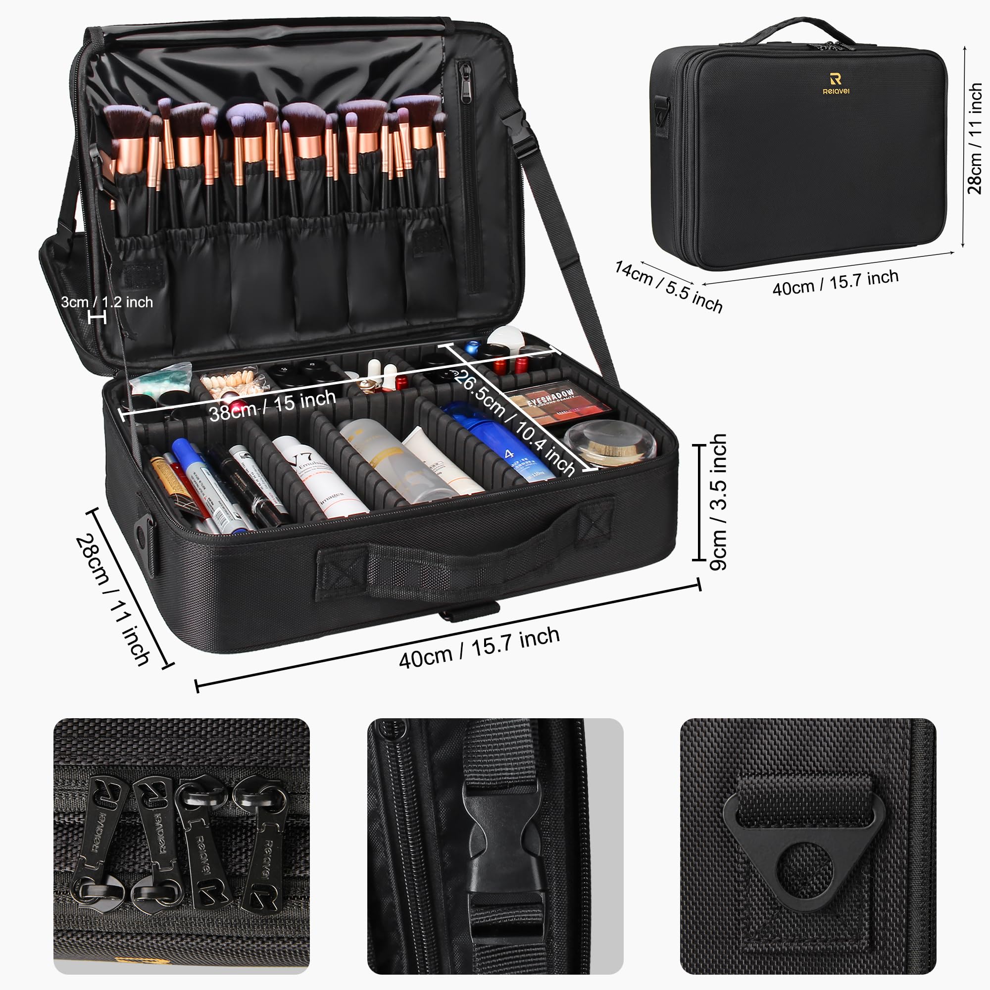 Relavel makeup case with shoulder strap for easy bag or backpack use.