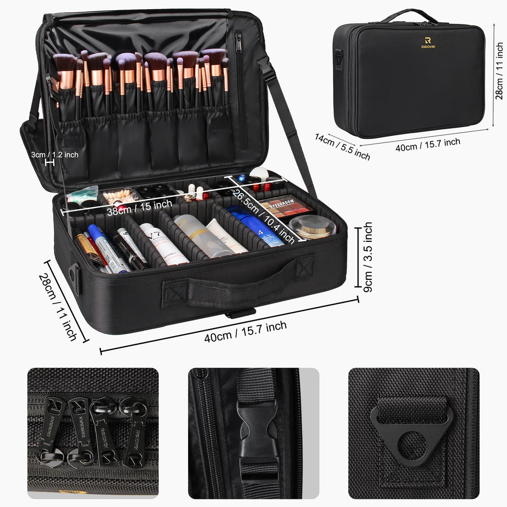Relavel makeup case with shoulder strap for easy bag or backpack use.