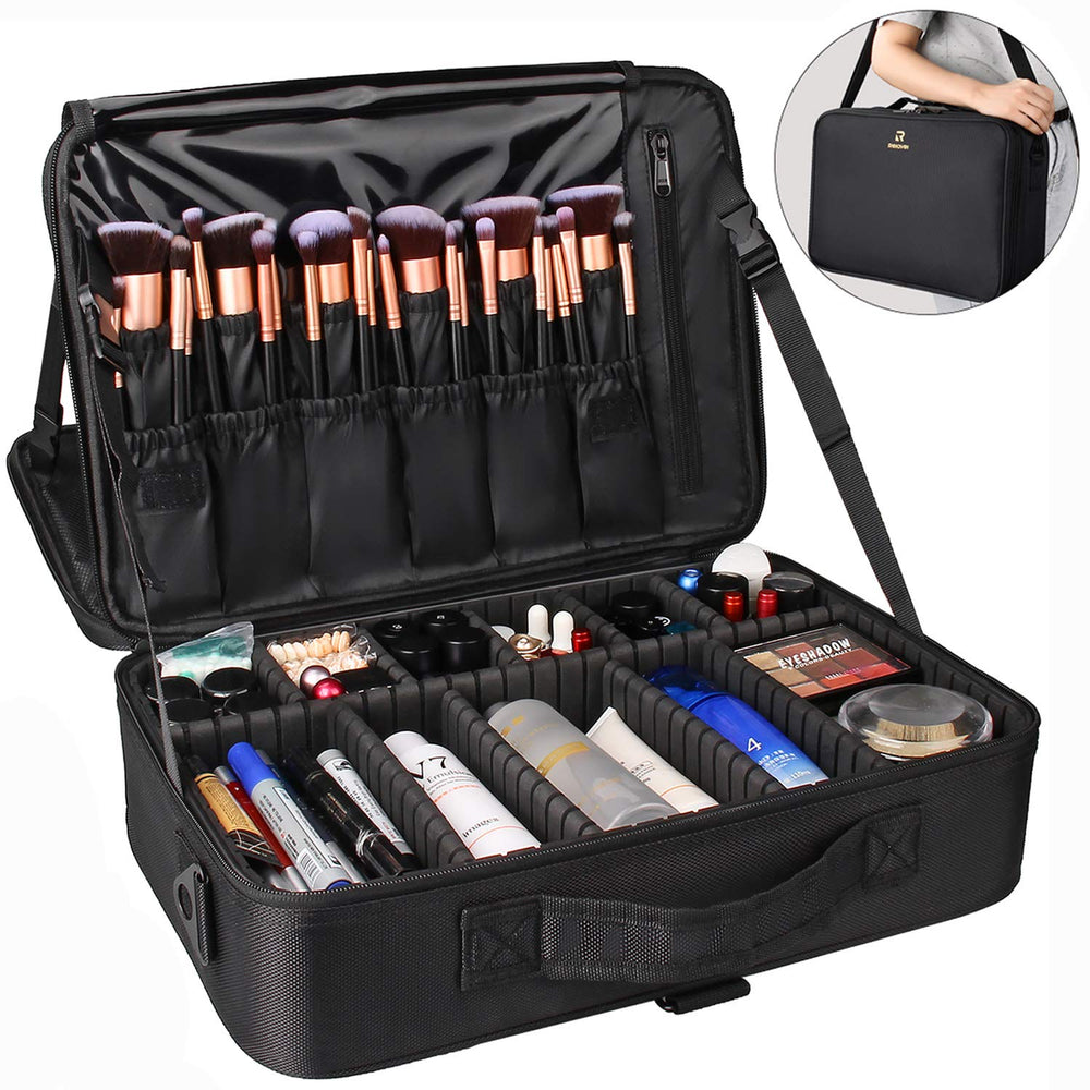 Relavel makeup case supports trolley attachment and cushioned shoulder carry.