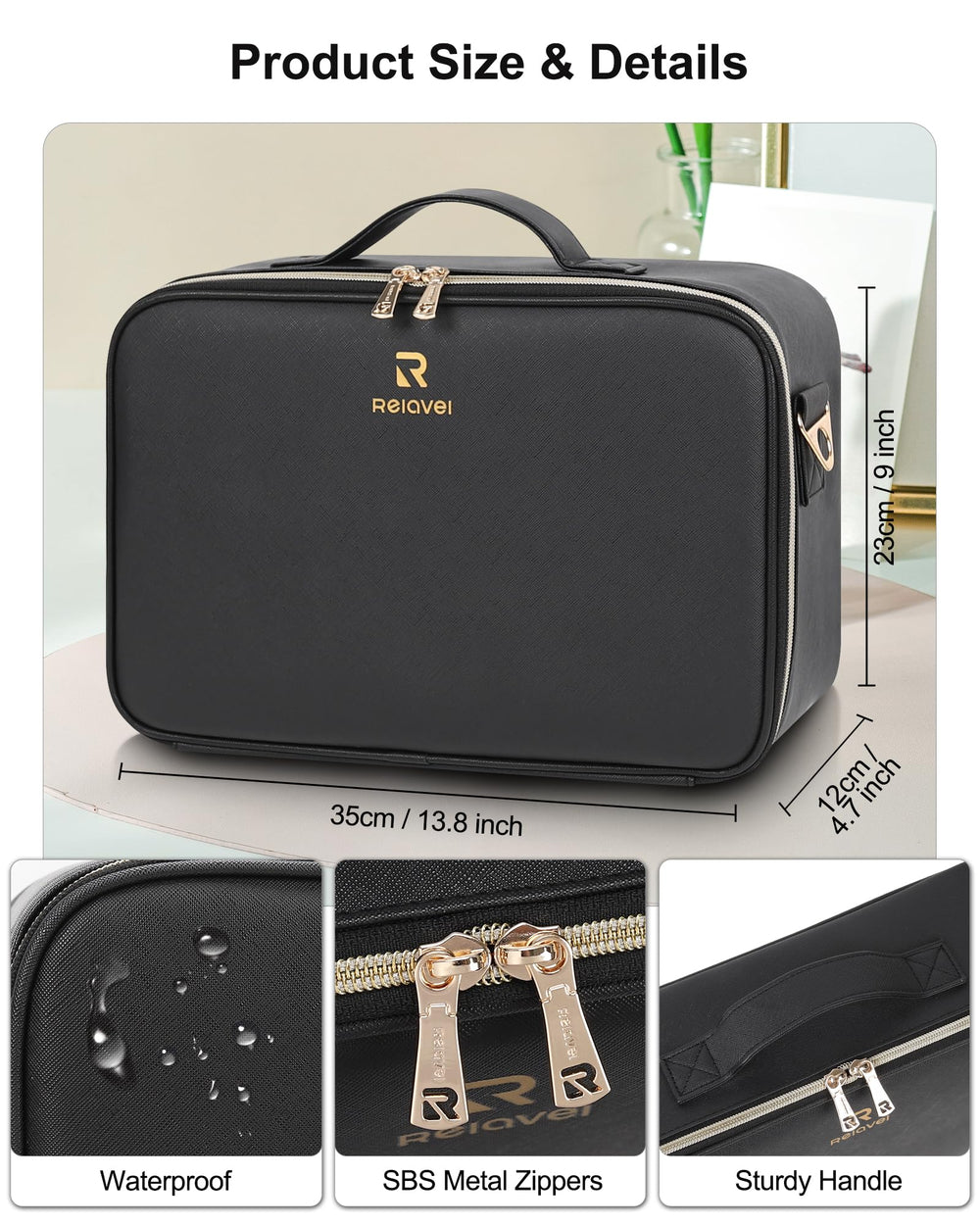Relavel case with detachable partitions for customizable makeup storage.
