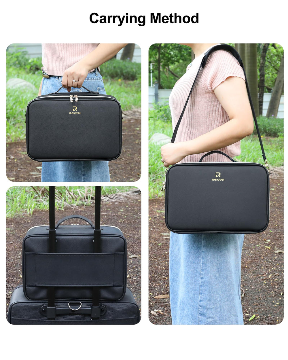 Relavel dual-way zipper provides quick access to cosmetics.