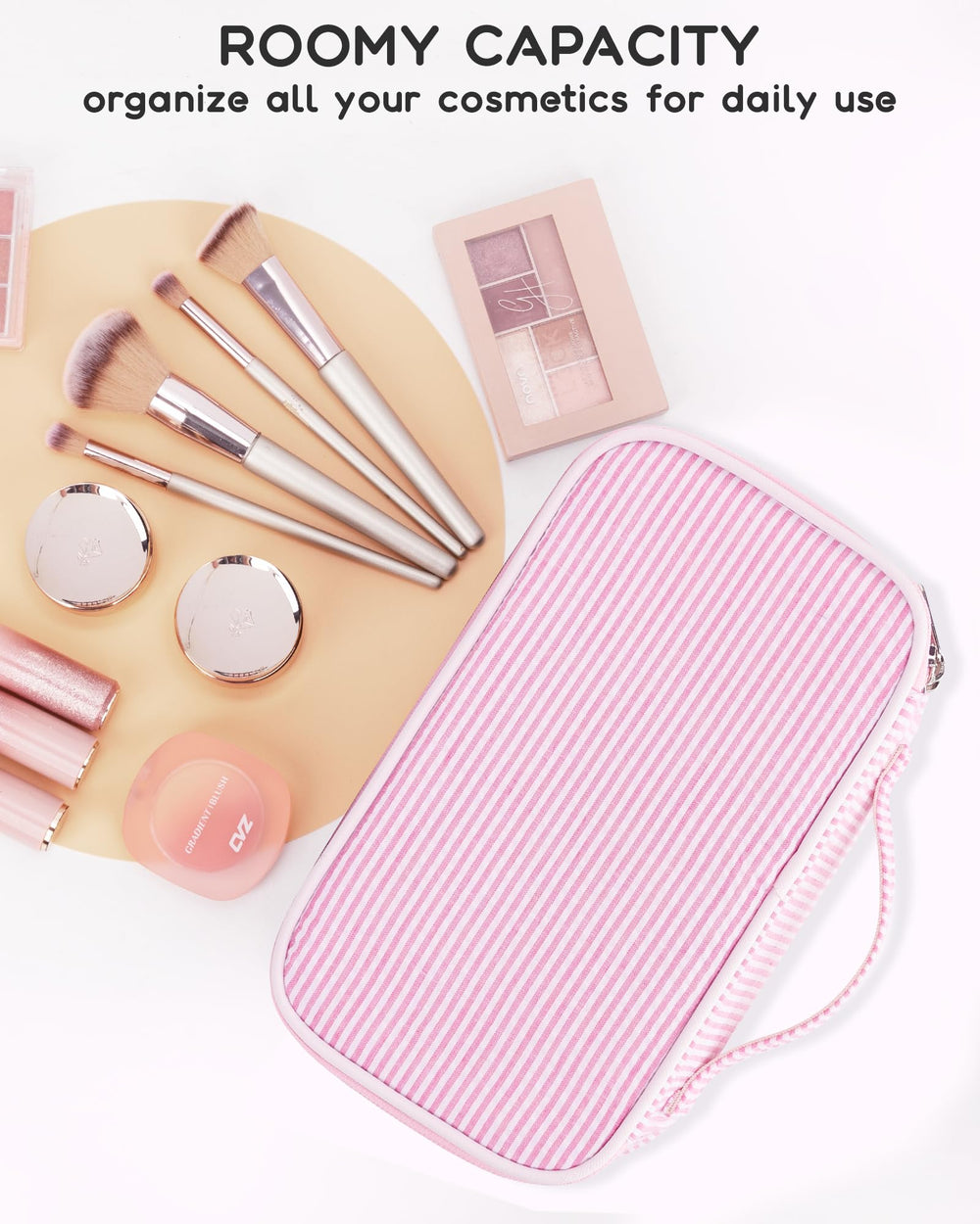 Relavel pink strip makeup bag backpack-ready design for travel