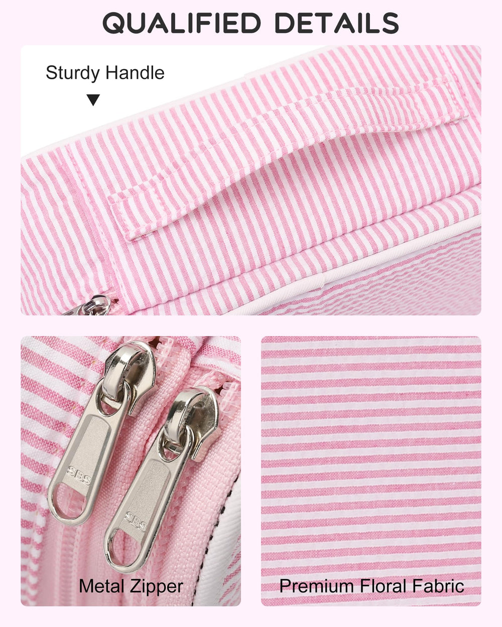 Relavel pink strip makeup bag brush holder detail for easy brush access