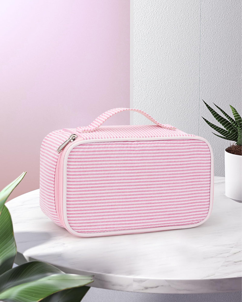Relavel pink strip makeup bag dirt-proof pocket near brush area