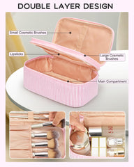 Relavel pink strip makeup bag dual-layer layout highlighting separate zones for cosmetics