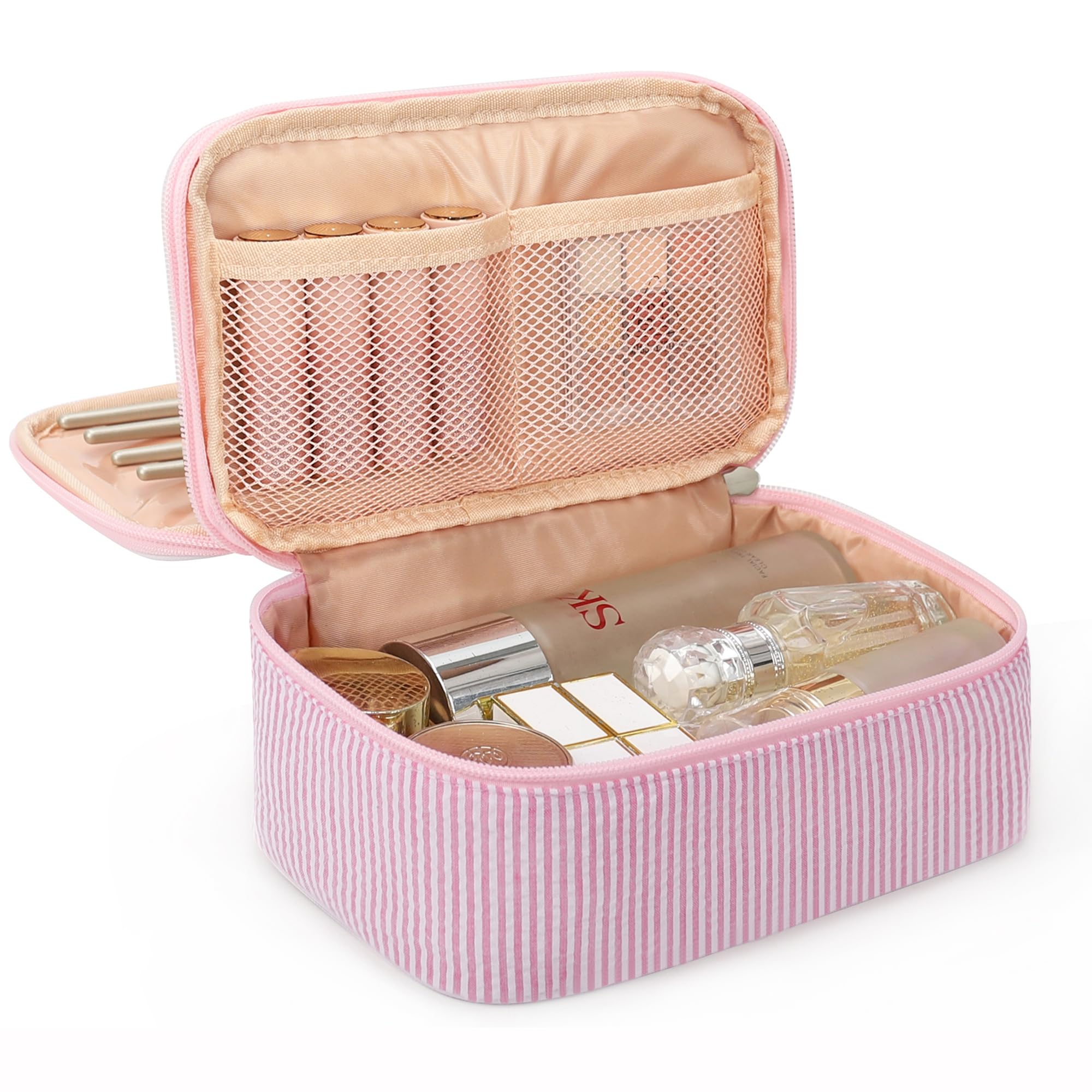 Relavel pink strip makeup bag front view showing compact travel-friendly design