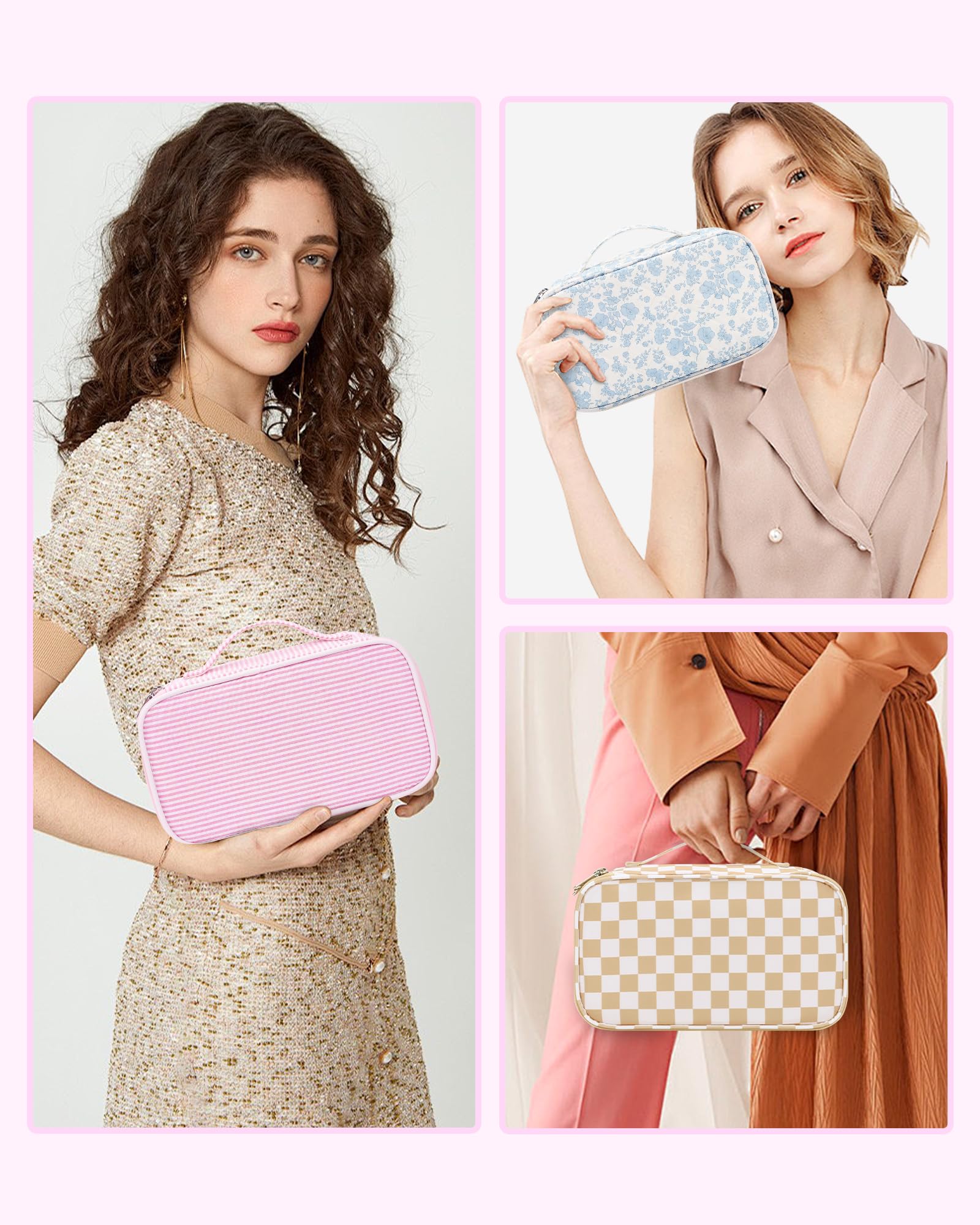 Relavel pink strip makeup bag mesh pockets keeping items neatly separated