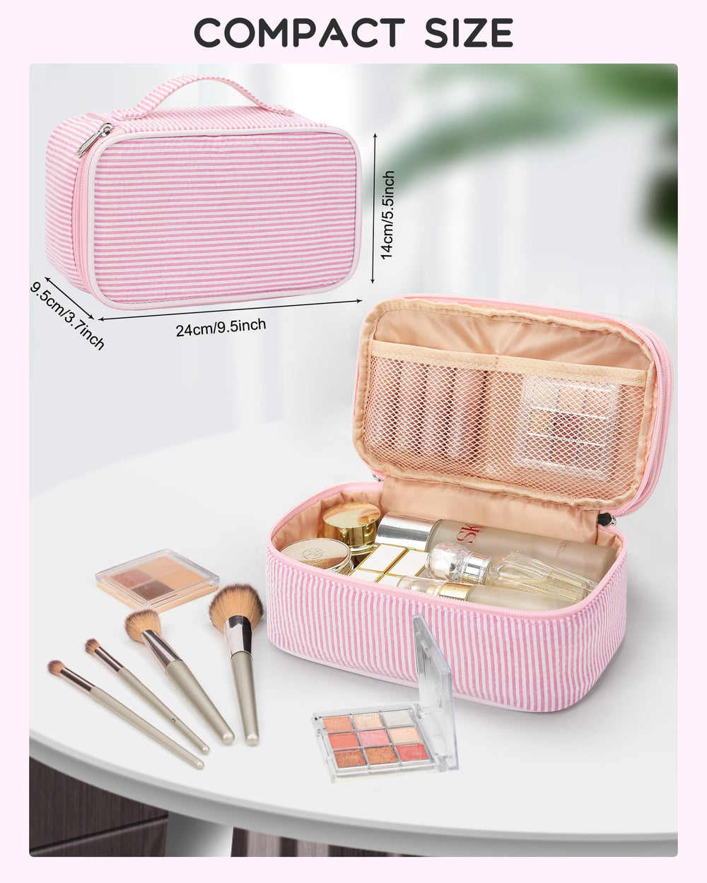 Relavel pink strip makeup bag top-layer open view with organized lipsticks and brushes