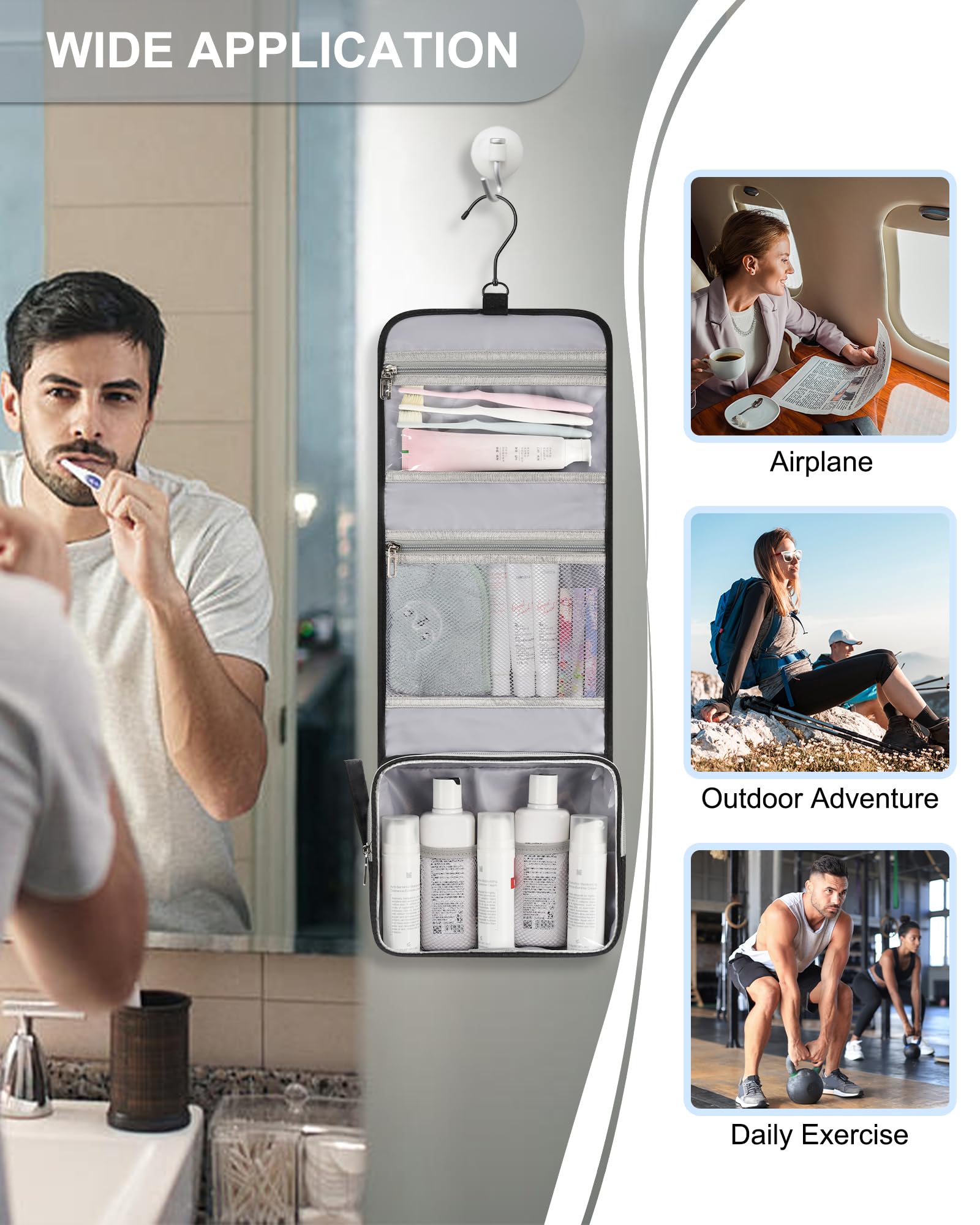 Relavel three-compartment design offers clear organization for toiletries and makeup.
