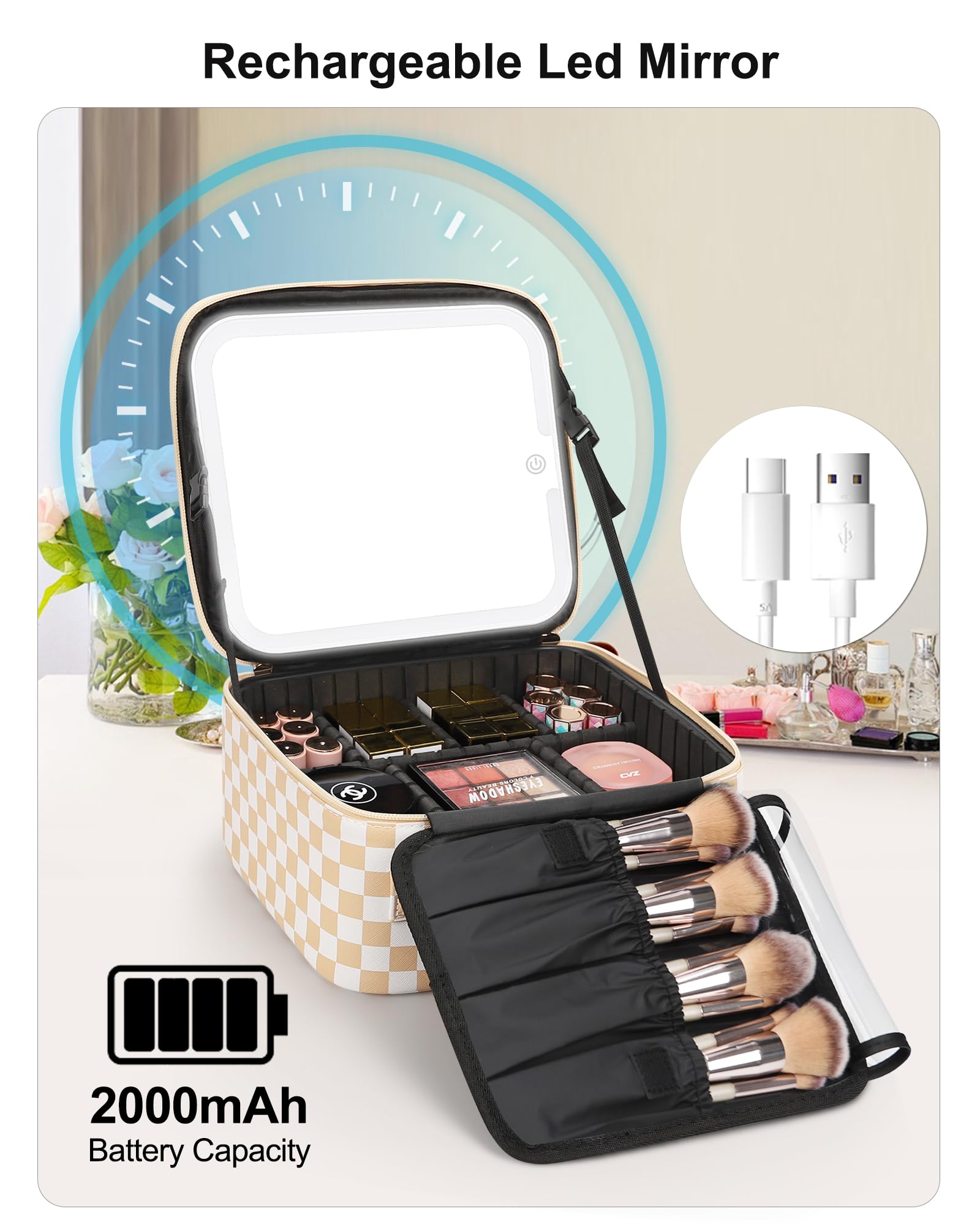 Relavel LED mirror powered by built-in 2000mAh battery for week-long use.