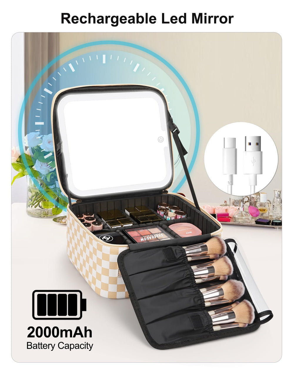 Relavel LED mirror powered by built-in 2000mAh battery for week-long use.