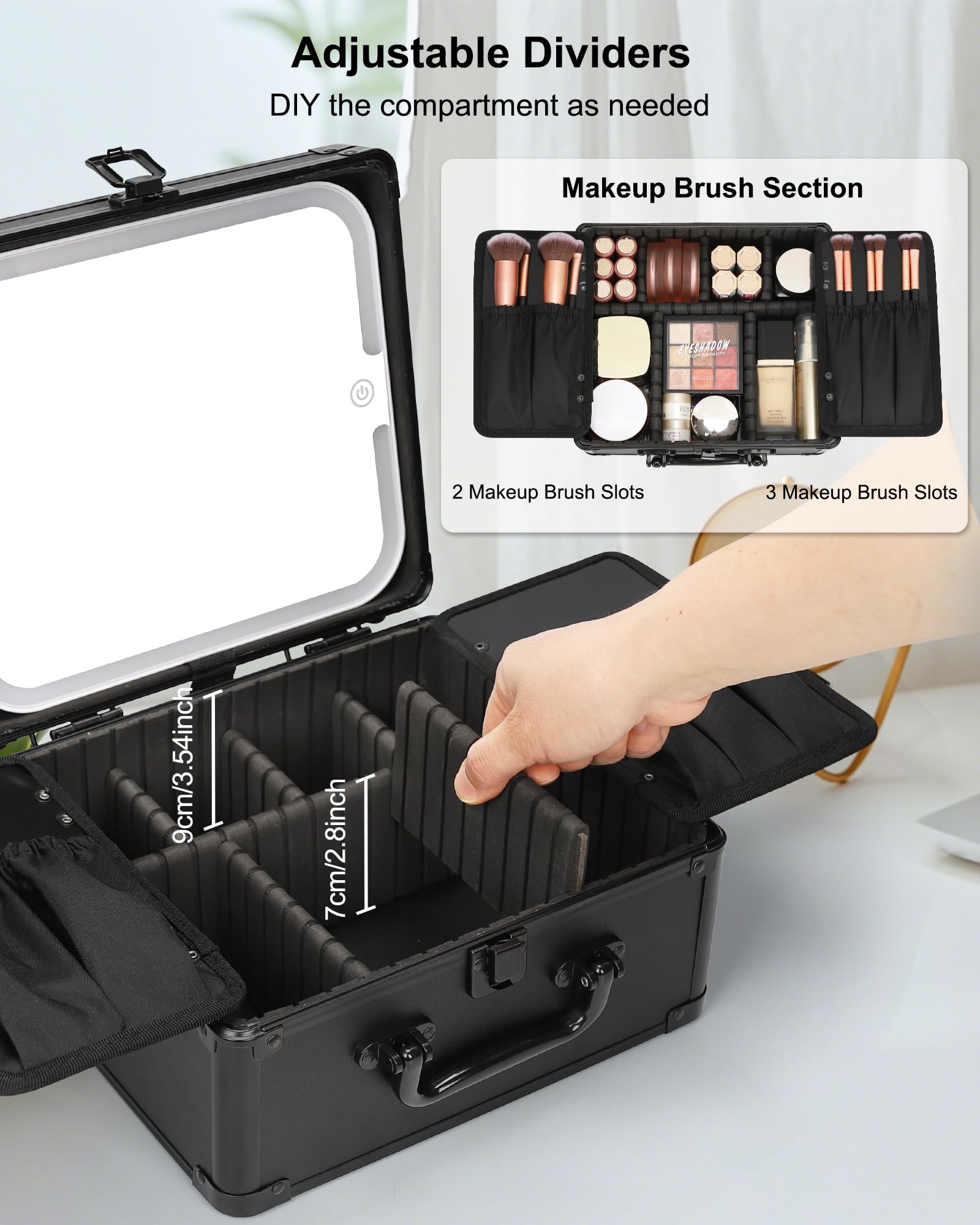 Relavel travel makeup case shows movable dividers for flexible organization.