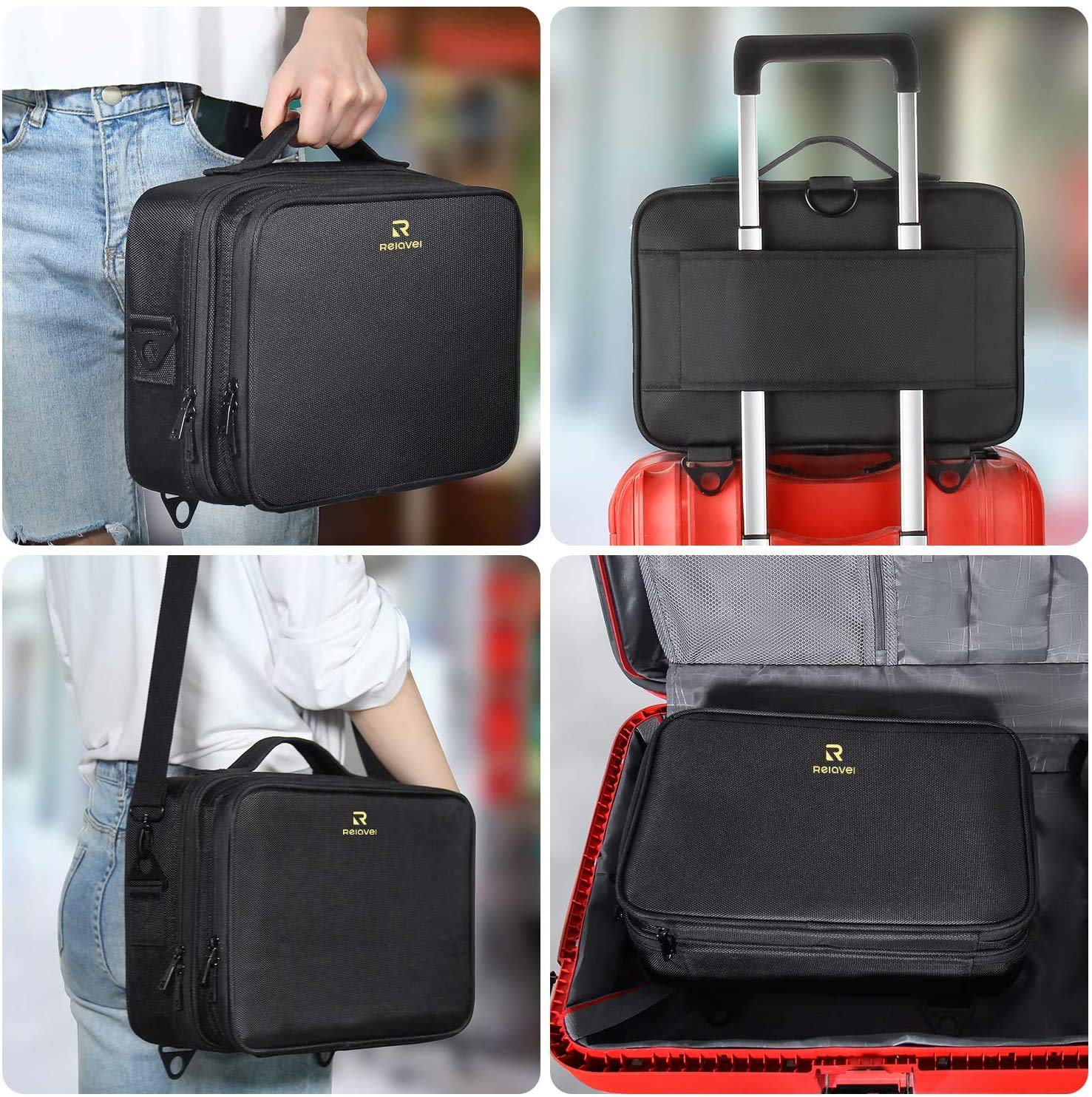 Relavel first-layer pockets organize small items for quick access.