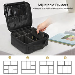 Relavel makeup case interior with organized compartments for cosmetics and brushes.