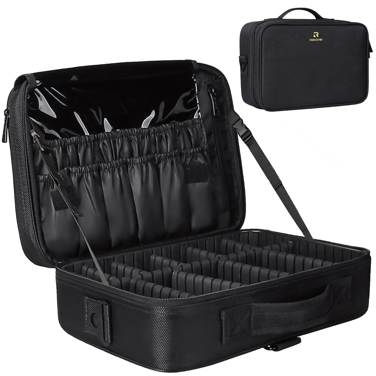 Relavel main compartment for cosmetics keeps items organized on the go.