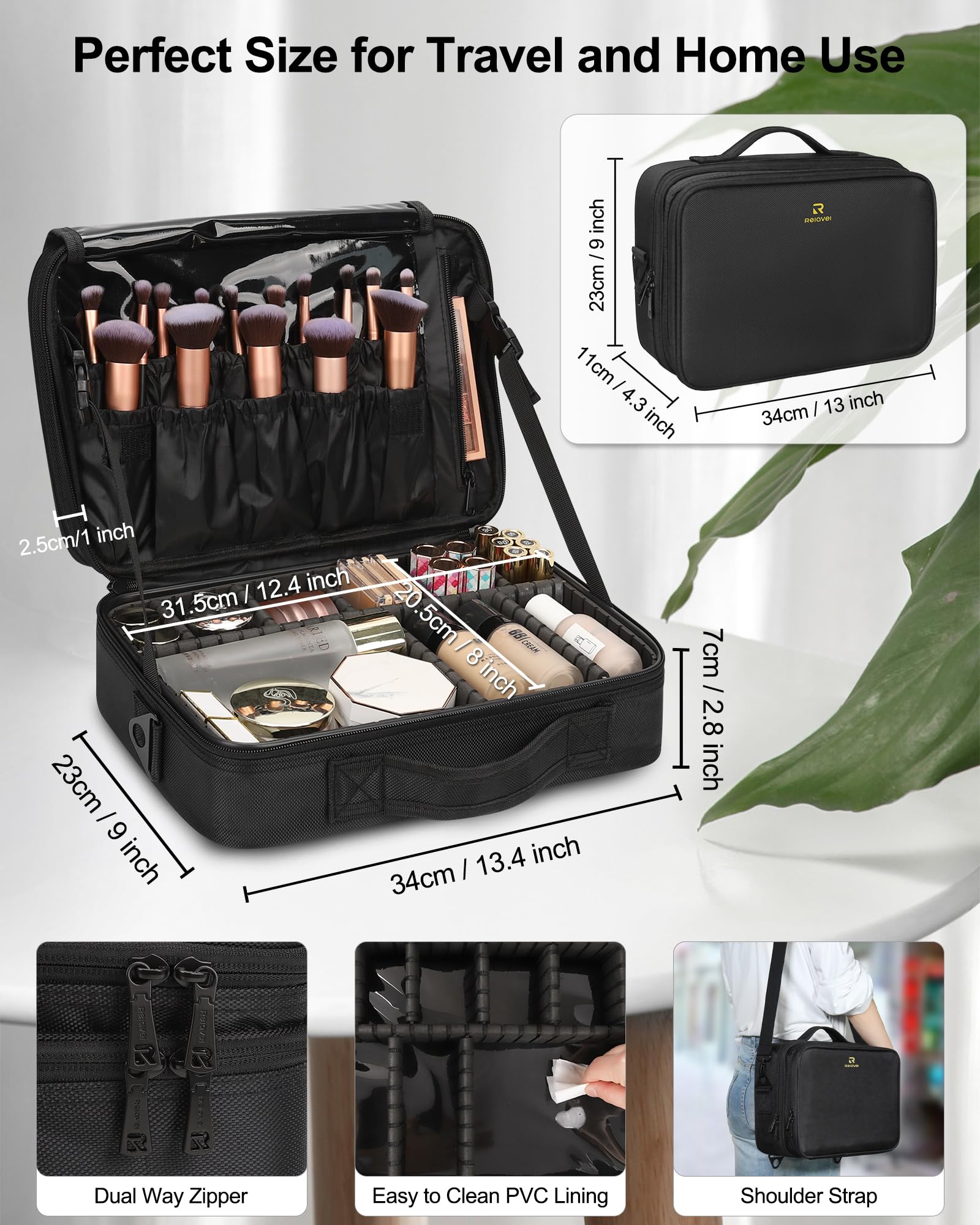 Relavel second-layer brush slots keep tools secure and tidy.