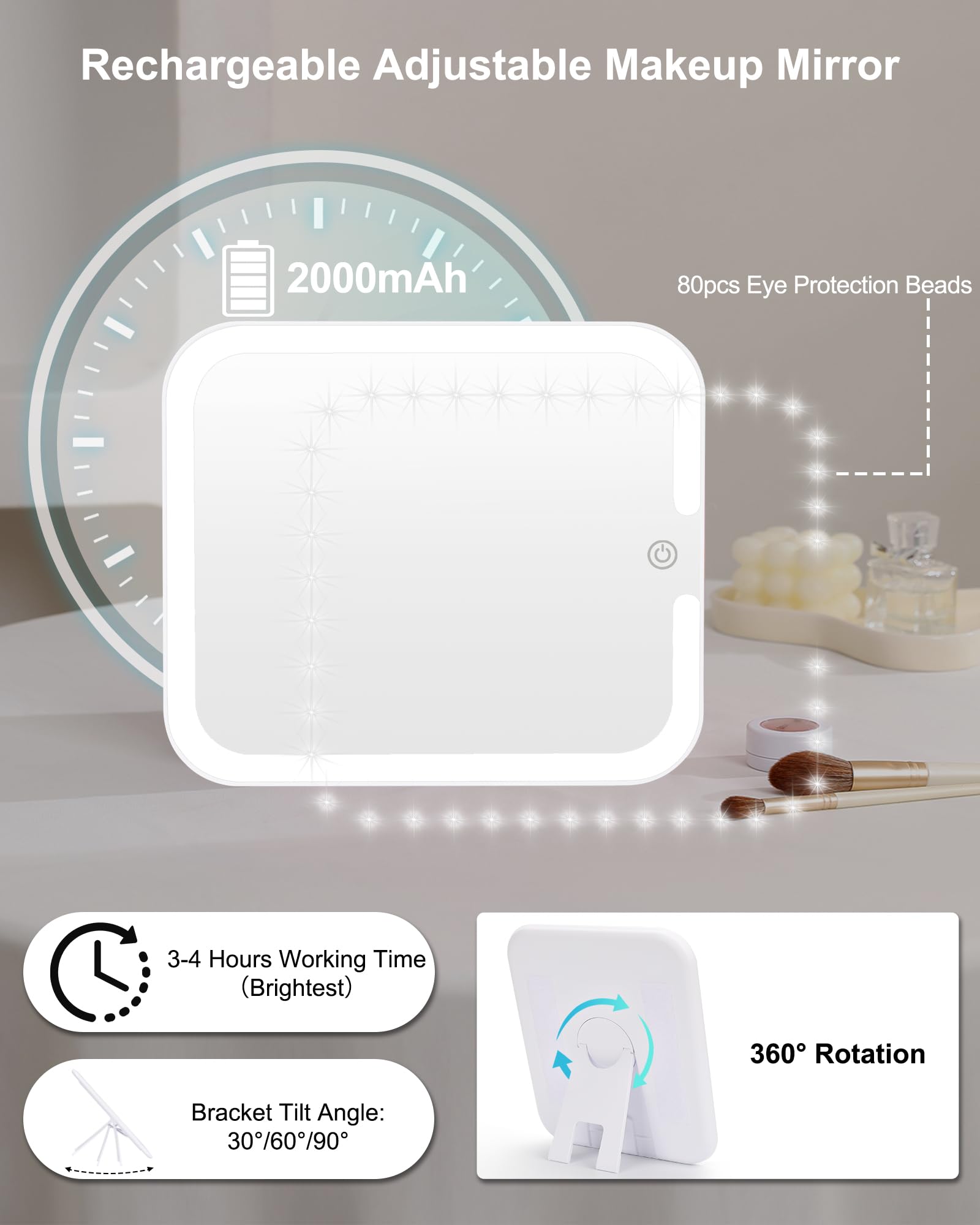 Relavel USB-rechargeable mirror supports extended use during beauty sessions.