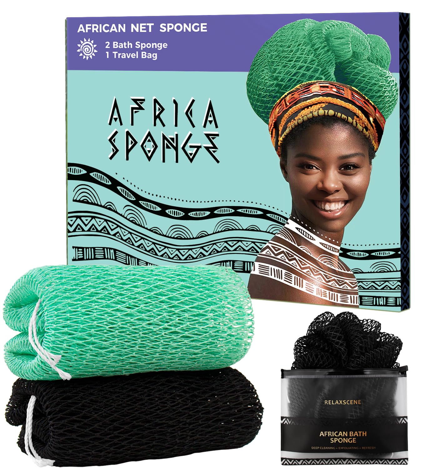 RelaxScene esponja exfoliante africana negra Seawave, pack de dos para duchas diarias.