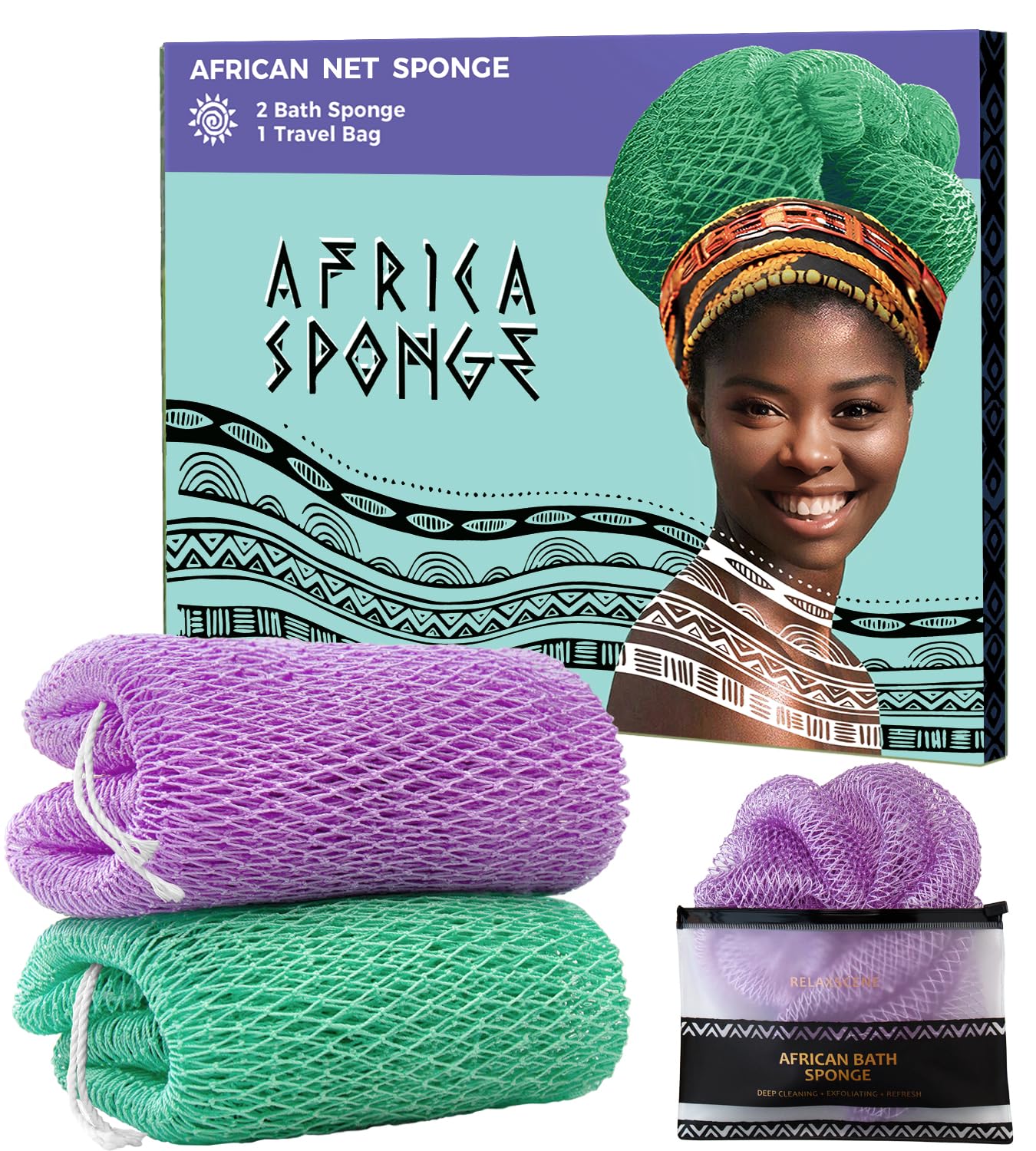 RelaxScene esponja de red africana (frente) para exfoliar suavemente la piel.