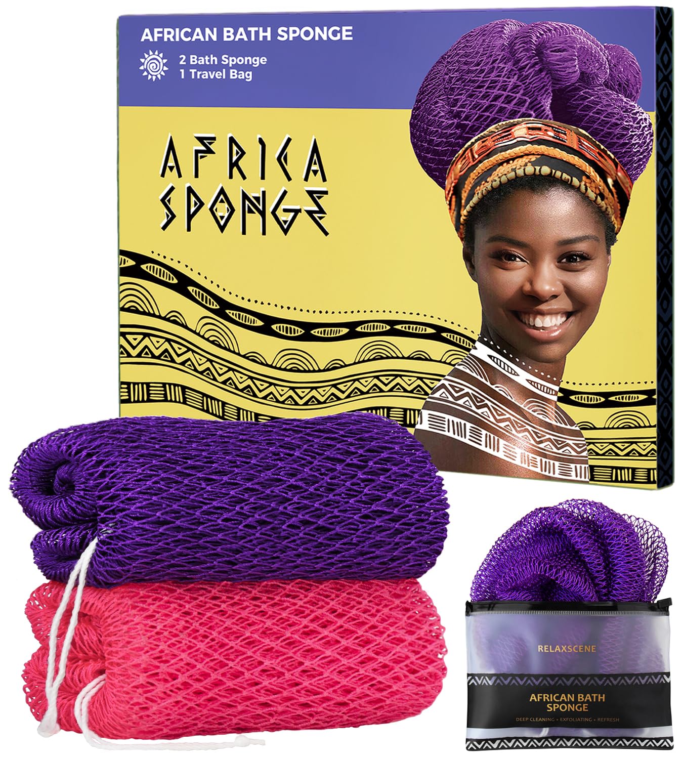 RelaxScene esponja de red africana auténtica: frente del set de dos piezas para exfoliar la piel.