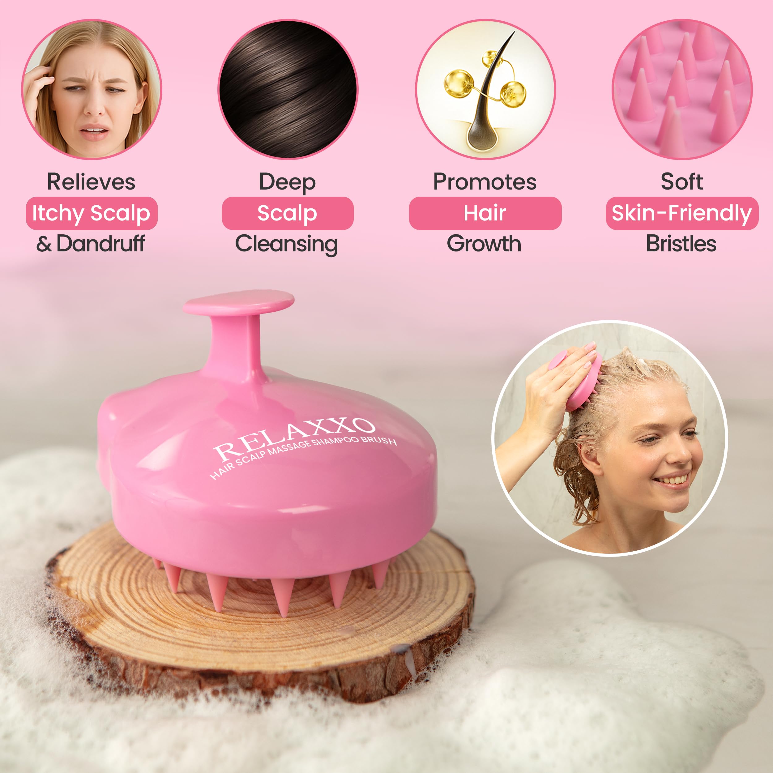 RELAXXO scalp massager in hand highlighting ergonomic grip for easy shower use