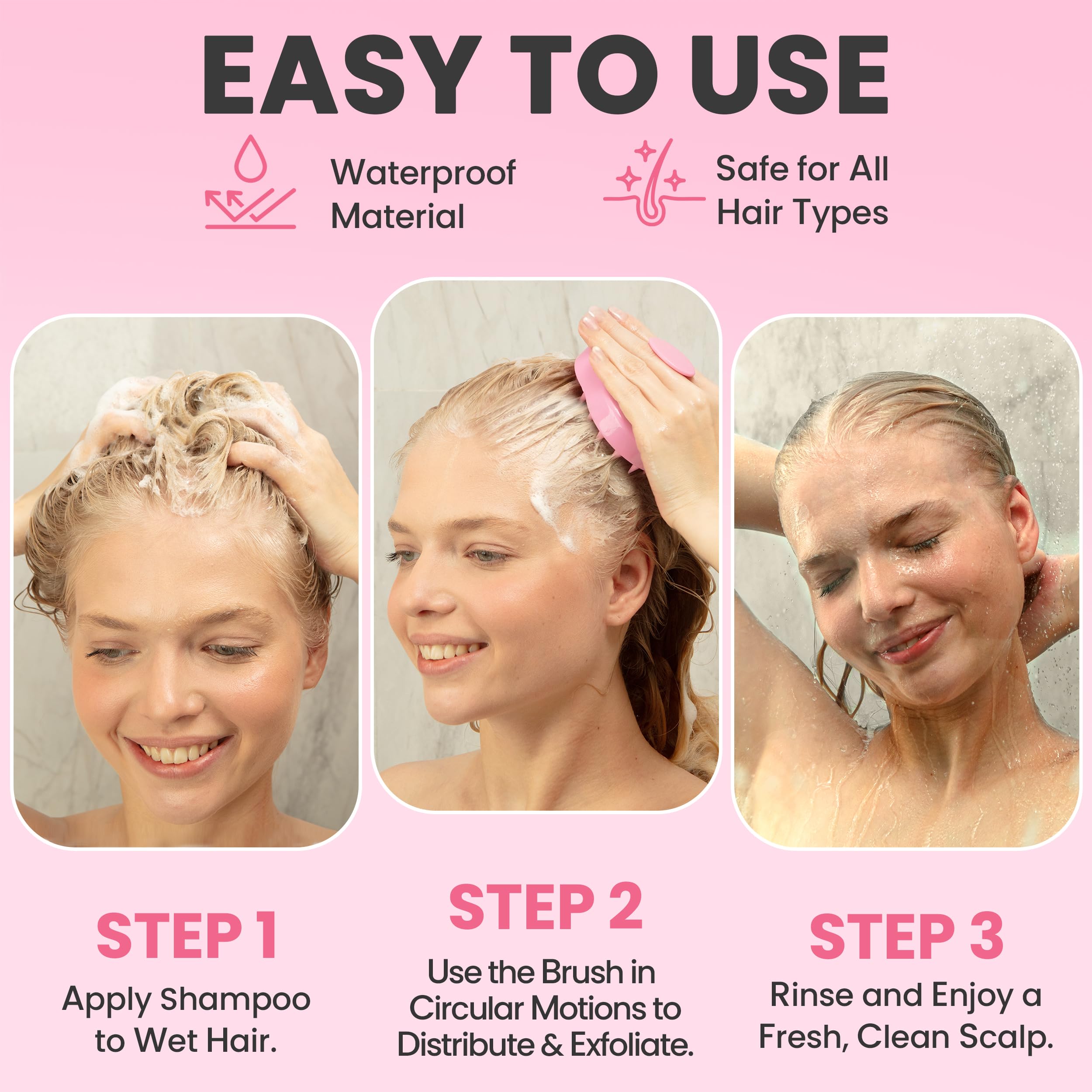 RELAXXO scalp massager pink handle visible for a friendly bathroom look
