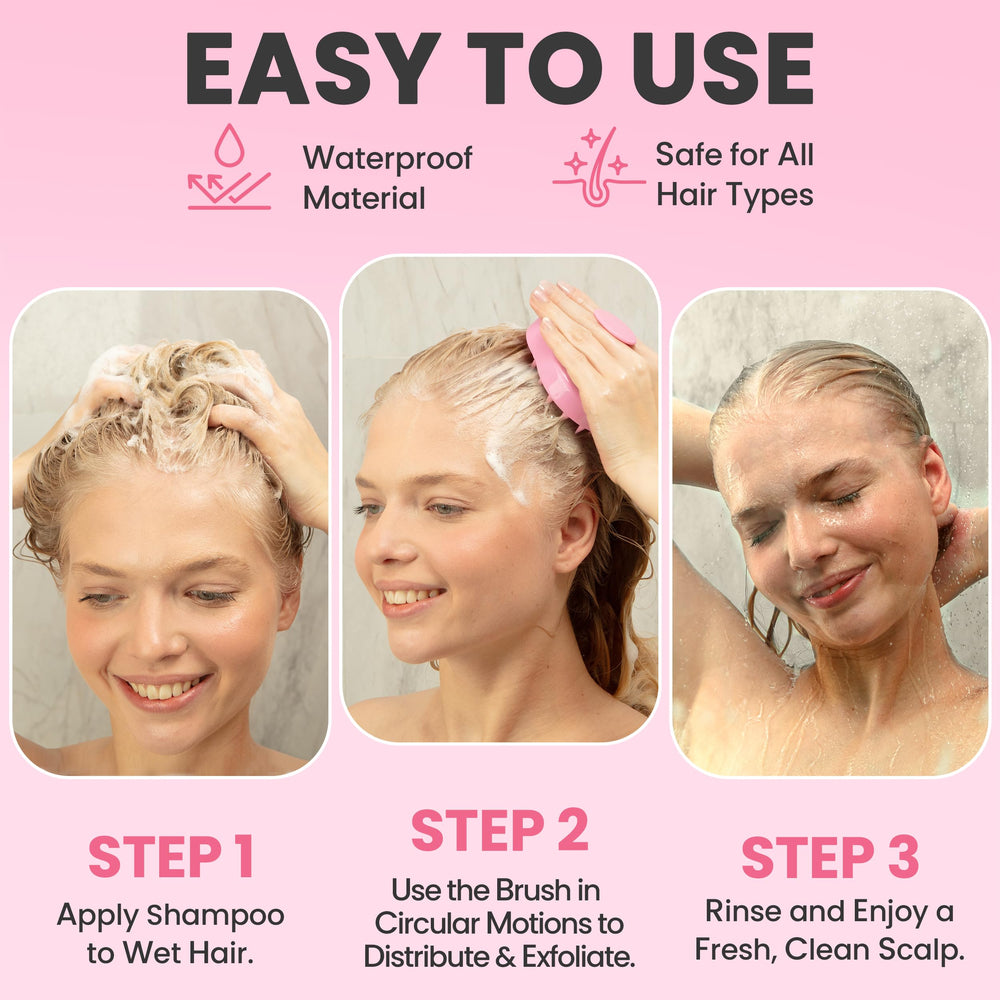 RELAXXO scalp massager pink handle visible for a friendly bathroom look
