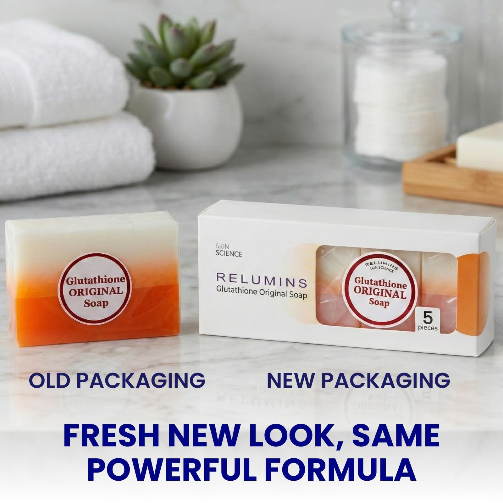 Relumins Glutathione Soap bar softens skin for velvety texture.