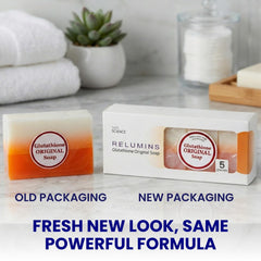 Relumins Glutathione Soap bar softens skin for velvety texture.