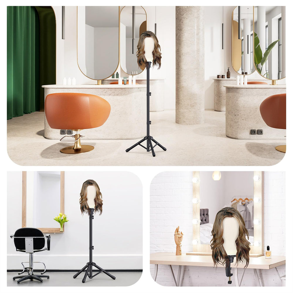 Relx reinforced wig stand with head helps display and storage of wigs.