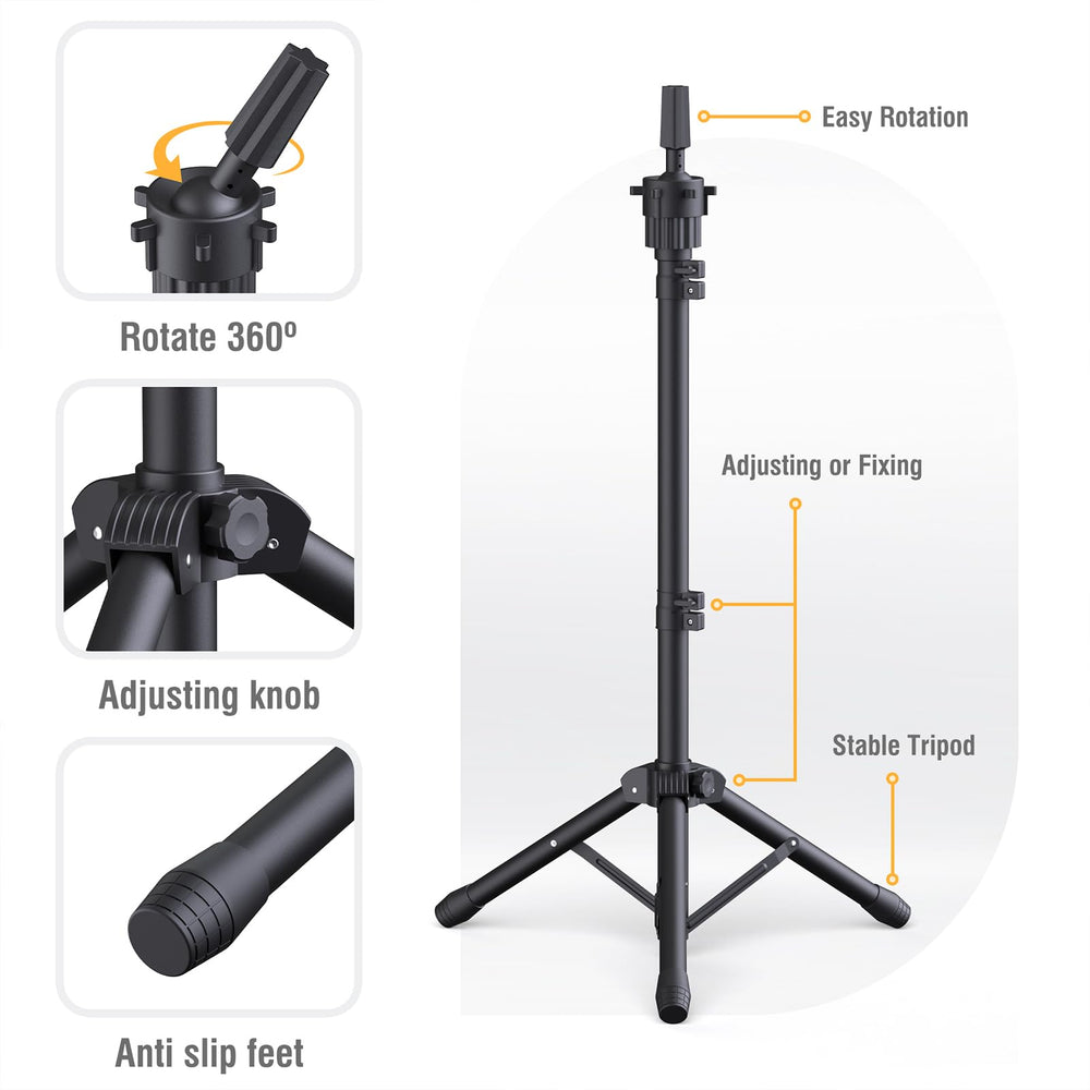 Relx mannequin head kit shows easy-setup tripod base.