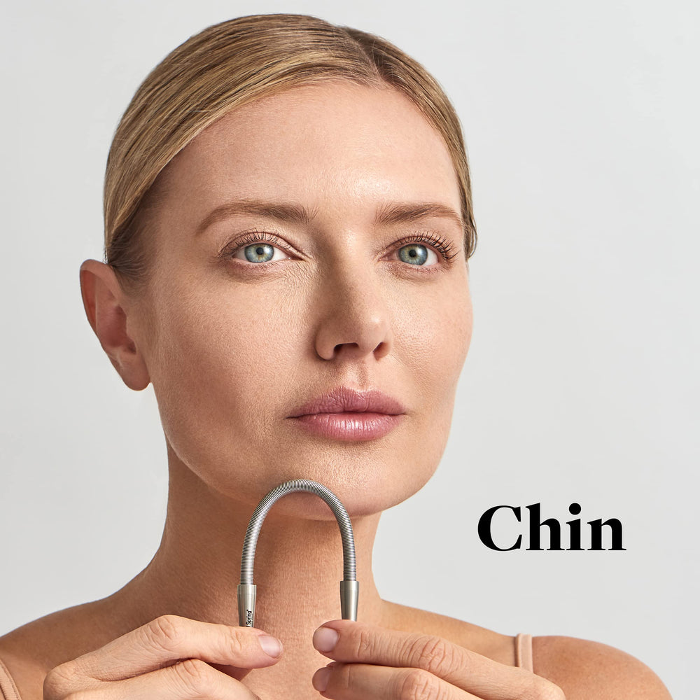 R.E.M Spring facial hair remover used on chin and cheeks for natural-looking results.