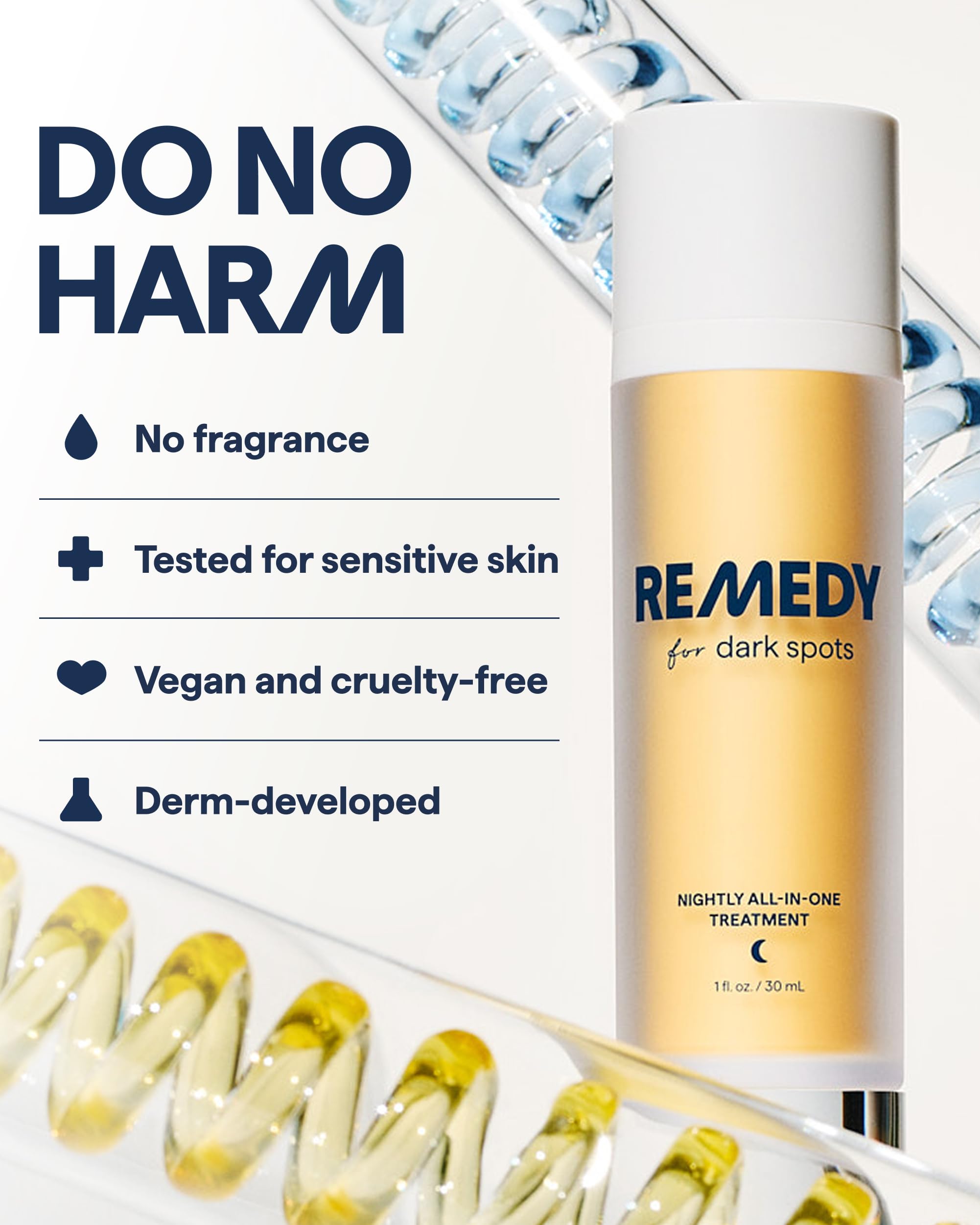 Remedy Science night routine infographic implies cleanse, treat, and moisturize steps.