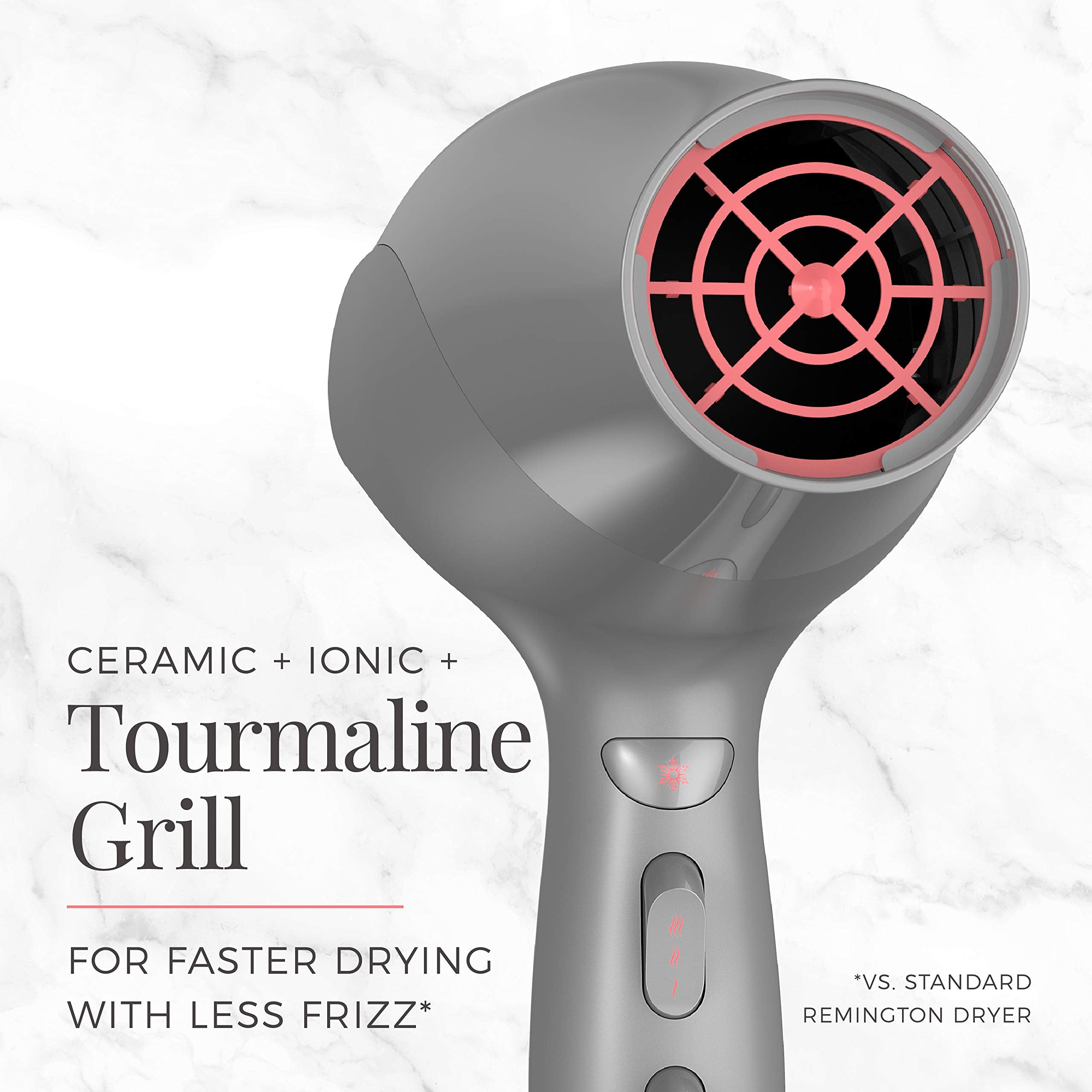 Grey Remington Damage Protection hair dryer on a vanity