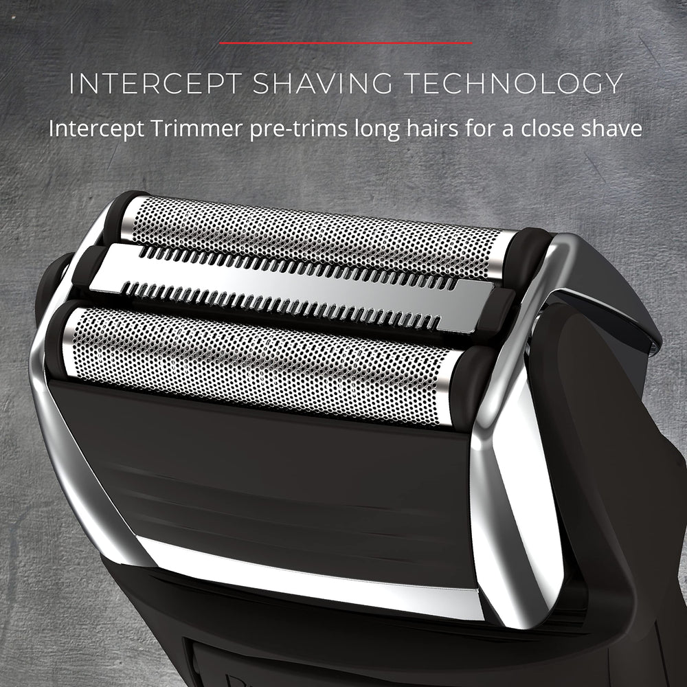 Remington intercept shaving technology pre-trims longer hairs for a cleaner base.