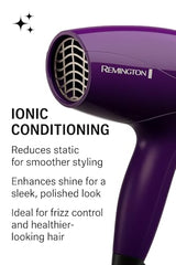 Remington Ionic Compact Hair Dryer Eco setting for energy-saving drying.